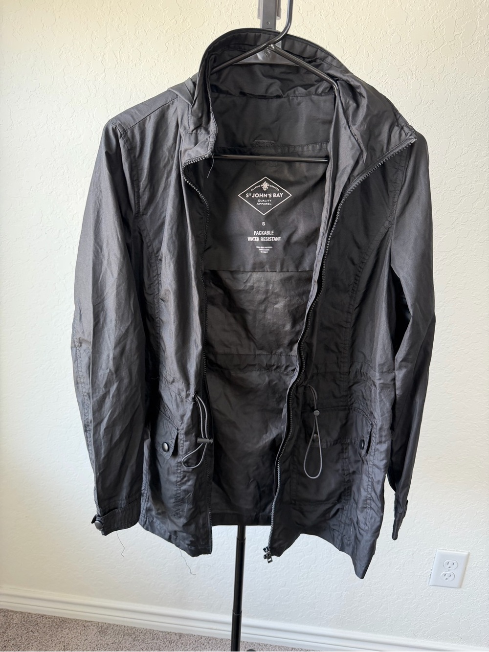 St. John's Bay Black Hooded Packable Water-Resistant Rain Jacket